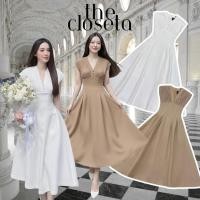 ราคา THE CLOSETA LB26 ชุดเดรสคอวีทรงแขนล้ำช่วงอกอัดพลีท กระโปรงบาน ผ้าสูททรงสวย (43126859176)
