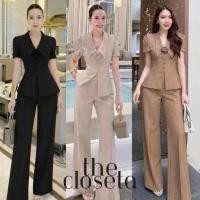 ราคา THE CLOSETA LV299 ชุดเซ็ทเสื้อคอปกแขนสั้นพร้อมเข็มกลัดดอกไม้ กางเกงขายาว (53100097454)