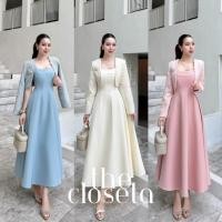 ราคา THE CLOSETA LB618 ชุดเดรสยาวผ้าสูท พร้อมเสื้อคลุมผ้าทวิตปักดอกไม้ แถมเข็มกลัดเข้าชุด (49956267219)
