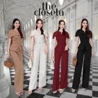ราคา THE CLOSETA LV199 ชุดเซ็ทเสื้อคลุมไหล่คอวี กางเกงขายาว พร้อมเข็มขัดเข้าชุดสวยหรู ใส่ออกงาน (29876538407)