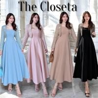 ราคา THE CLOSETA LB606 ชุดเดรสแขนกุดผ้าสูท พร้อมเสื้อคลุมผ้าทวิตและเข็มกลัดเข้าชุด (49103837660)
