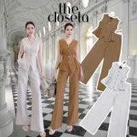ราคา THE CLOSETA LV328 ชุดเซ็ทเสื้อแขนกุดกระดุมทองตัดขอบเอว พร้อมกางเกงขายาว เนื้อผ้าสูทอัดกาวทั้งชุด (49206433295)