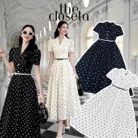 ราคา THE CLOSETA LB577 ชุดเดรสคอปกแขนสั้นแต่งเข็มขัดโบว์ ทรงกระโปรงบาน Polkadot (50950573586)
