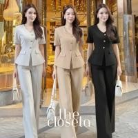 ราคา THE CLOSETA พร้อมส่ง LV296 ชุดเซ็ทเสื้อแขนสั้นกระดุมทอง กางเกงขายาวผ้าสูท (43423358535)