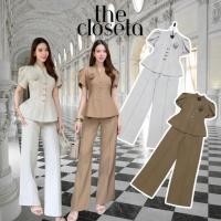 ราคา THE CLOSETA LV327 ชุดเซ็ทเสื้อคอวีแขนกลีบบัว แถมเข็มกลัดดอกไม้ พร้อมกางเกงขายาว (55456375591)
