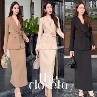 ราคา THE CLOSETA LV308 ชุดเซ็ทเสื้อสูท พร้อมเชือกดอกไม้ผูกเอว มาพร้อมกระโปรงทรงสอบเข้าเซ็ท (49600940422)