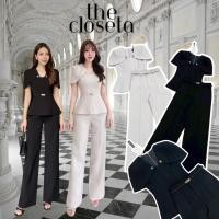 ราคา THE CLOSETA พร้อมส่ง LV252 ชุดเซ็ทเสื้อคลุมไหลกระดุมทอง กางเกงทรงขากระบอกพร้อมเข็มขัดเข้าชุด (41905043082)