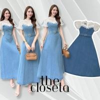 ราคา THE CLOSETA LV284 เดรสยีนส์แขนบอลลูนซีทรูขาวแต่งลูกไม้ พร้อมเข็มขัดเข้าชุด (41617639335)