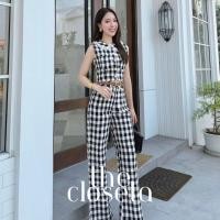ราคา THE CLOSETA พร้อมส่ง LV204 ชุดเซ็ทเสื้อครอปคอบัวกางเกงขายาวลายสก็อตสีดำเข็มขัดหนังสีน้ำตาล (28576931807)