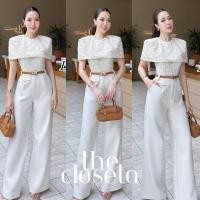 ราคา THE CLOSETA พร้อมส่ง LV219 ชุดเซ็ทคลุมไหล่เสื้อลายดอกไม้ กางเกงขายาว เข็มขัดเข้าชุด (26331143490)