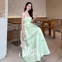 ราคา THE CLOSETA พร้อมส่ง LB486 เดรสยาวสายเดี่ยวแต่งโบว์กระโปรงบานแต่งดอกไม้3Dสีเขียวมิ้น (26935798946)