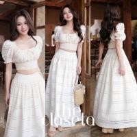 ราคา THE CLOSETA พร้อมส่ง LB613 ชุดเซ็ทผ้าฉลุเสื้อครอปแขนตุ๊กตา กระโปรงยาวสุดน่ารักสีขาวออฟไวท์ (28880916183)