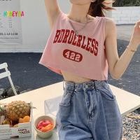 ราคา Honeyba American Letter Print Tank Top Summer Women Round Ne Sleeve Loose Crop Top Nice (56360299758)