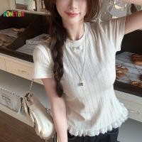 ราคา Honeyba เสื้อยืดแขนสั้นสีขาวรักHallowผู้หญิงโบว์ฤดูร้อนลูกไม้O neหวานท็อปส์Nice (50910299769)
