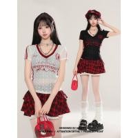 ราคา BANKO เสื้อยืดแขนสั้น females สไตล์อเมริกัน วินเทจ ลายลูกไม้ V neck สีขาว สำหรับหน้าร้อน slim fit (50958944773)