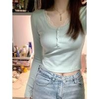 ราคา BANKO เสื้อยืดแขนยาวสตรี แบบเกาหลี ฤดูใบไม้ผลิ ลายลูกไม้สีดำ ทรงslim fit (45607249299)