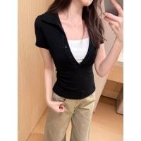 ราคา BANKO เสื้อยืดแบบเกาหลีสำหรับผู้หญิง ทรง slim fit สีดำ แขนสั้น คอวี (41679921977)