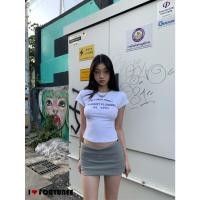 ราคา BANKO American Summer Womens Clothing Narrow Waist Slim fit White Letter Printing Short Sleeve T Shirt (41601036336)