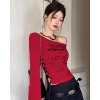 ราคา BANKO เสื้อยืดแขนยาวแบบกระชับ สไตล์เซ็กซี่ไหล่เฉียงสีแดง พิมพ์ลาย สำหรับฤดูใบไม้ผลิ (40879179480)