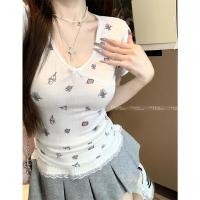 ราคา BANKO ผู้หญิงเกาหลีฤดูร้อนโบว์ลูกไม้สลิมฟิตสีขาวคอวีพิมพ์เสื้อยืดแขนสั้น (28977896882)