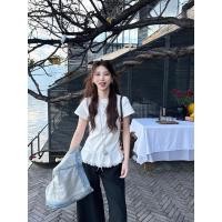 ราคา BANKO เวอร์ชั่นเกาหลีฤดูร้อนผู้หญิงสไตล์บัลเล่ต์เย็บ บาง พอดี สีขาวลูกไม้แขนสั้นเสื้อยืด (28027597265)