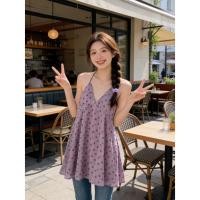 ราคา BANKO ผู้หญิงฝรั่งเศสฤดูร้อนสไตล์ใหม่หลวม Slimmer ดูดอกไม้สีม่วง Halter Camisole (52708939574)