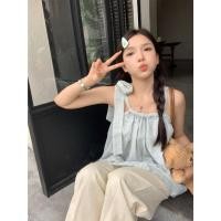 ราคา BANKO Camisole คอแบบเปิดด้านบน สไตล์ฝรั่งเศสรองรับฤดูร้อน เชือกร้อยคอกลมสีฟ้าสำหรับผู้หญิง (45156952724)