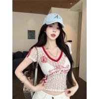 ราคา BANKO American Summer Womens Slim fit ปักลูกไม้คอวีเสื้อยืดแขนสั้นสีขาว (28285055375)