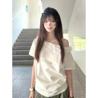 ราคา BANKO เสื้อยืดแขนสั้นสีขาวแบบเกาหลี ลายตัวอักษรเอียงและลูกไม้ สบายๆสำหรับฤดูร้อน (42360093929)