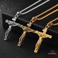 ราคา AuraMio Mens Silver Stainless Steel Jesus Christ Crucifix Cross Pendant Necklace Chain ใหม่ (50106107851)