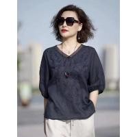 ราคา เสื้อยืดแบบจีนสีขาวบริสุทธิ์ แขนสามส่วน จากผ้าฝ้ายและลินิน คอวี สวมใส่ง่าย และมีการเย็บประณีต สำหรับผู้หญิง (46159196430)