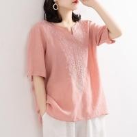 ราคา ผ้าฝ้ายบริสุทธิ์ คอวี ฤดูร้อน เสื้อเชิ้ตผ้าฝ้ายลินินใหม่ ศิลปะหลวม เรียบง่าย สบาย เสื้อแขนสั้นปักลาย เสื้อยืดผู้หญิงปักลาย (43403224528)