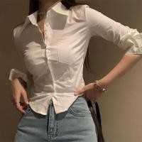 ราคา เวอร์ชั่นเกาหลี Pure Desire สไตล์ร้อนสาวสั้นสีขาวเสื้อแขนยาวแฟชั่น Classy Simple Slim fit หญิงด้านหน้า Overalls Top (27327710749)
