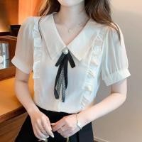 ราคา แฟชั่นสไตล์ฝรั่งเศส คอตุ๊กตาแขนสั้น เสื้อชีฟองผูกโบว์ ฤดูร้อนใหม่ สง่างาม เรียบง่าย สบาย แขนพัฟ ขอบระบาย เสื้อผู้หญิง (26583950259)