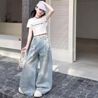 ราคา ชุดยีนส์และเสื้อยืดสำหรับเด็กผู้หญิง สไตล์ขาวยีนส์และเสื้อยืดสั้น อายุ 5 14 ปี (50557858519)