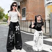 ราคา เสื้อผ้าเด็กผู้หญิงฤดูร้อนลูกไม้เย็บแขนสั้น ชุดเอี๊ยมกราฟฟิตีชุดสองชิ้น 5 14 ปี (43552773705)