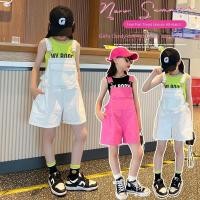 ราคา เสื้อผ้าเด็กผู้หญิงเสื้อกั๊กผ้าฝ้ายแท้สีลูกกวาดฤดูร้อน ชุดเอี๊ยมผ้ายีนส์ชุดสองชิ้น 5 14 ปี (26181202395)