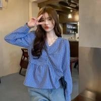 ราคา เสื้อสไตล์เกาหลีสำหรับสุภาพสตรี ลายสก๊อตวินเทจ แบบคอวี แขนยาว (55102998945)