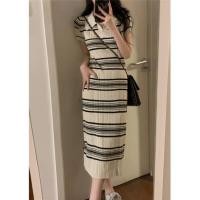 ราคา สไตล์เกาหลีผู้หญิงสุภาพสตรีฤดูร้อนบางถักโปโลคอปกแขนสั้นแถบ แมกซี่ เดรสยาวพร้อมสต็อกใหม่ (28956625262)