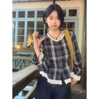 ราคา แฟชั่นเกาหลีผู้หญิงเสื้อเชิ้ตแขนยาวย้อนยุคหลวมรอบคอปกลายสก๊อตลูกไม้เสื้อ (27662088368)