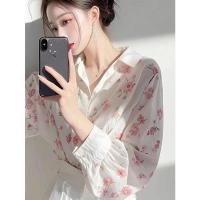 ราคา แฟชั่นเกาหลีผู้หญิงแขนยาวย้อนยุคปกหลวมเสื้อลําลองลายดอกไม้ท็อปส์ (27483705775)