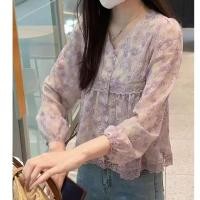 ราคา สไตล์เกาหลีผู้หญิงสุภาพสตรีหลวมวินเทจเย็บปักถักร้อยดอกไม้ โวลต์ คอเสื้อแขนยาวเสื้อ (26232056107)