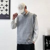 ราคา เสื้อกั๊กสีเทาเสื้อกันหนาวเสื้อยืดแขนกุดหลวมถักด้านบน (28367010483)