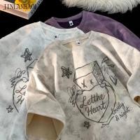 ราคา เสื้อยืดแขนสั้นคอกลมกราฟฟิตีหลวมมัดย้อม (54908022928)