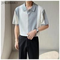 ราคา เสื้อเชิ้ตแขนสั้นถักคอปกผู้ชายลายทางแนวตั้ง โปโล (44264204909)