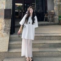 ราคา สินค้าใหม่ ลูกไม้เย็บแขนสั้นเสื้อยืดออกแบบชุดลําลองกระโปรงยาวผู้หญิงฤดูร้อนกระโปรงสีขาวหลวมปลอมสองชิ้น (51860841077)
