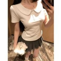 ราคา เสื้อผ้าผู้หญิงของมูซี่ สไตล์เกาหลีสไตล์อ่อนโยนของแท้ไหล่สีขาวแขนสั้นเสื้อยืดผู้หญิงฤดูร้อนขนาดเล็กลูกไม้หวานตุ๊กตาปกด้านบน (46209990761)