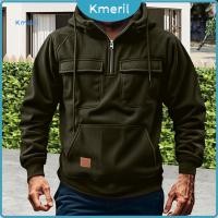 ราคา เสื้อกันหนาวแขนยาวสำหรับผู้ชาย แบบหมวกซิปครึ่ง มีซิปรูด และกระเป๋าอบอุ่น (46557807719)