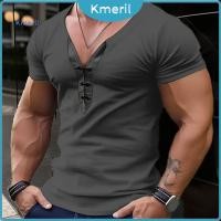 ราคา สีทึบผูกรายละเอียดเสื้อยืดสีทึบคอวีด้านบนผู้ชายฤดูร้อนคอวีสลิมฟิตเสื้อยืดนุ่มระบายอากาศแขนสั้นเสื้อสวมหัวลําลองลูกไม้ขึ้นกลางความยาวด้านบนสําหรับร้ (42830764141)