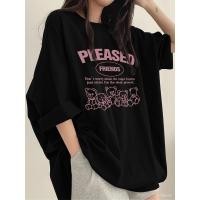 ราคา เสื้อยืดคอกลมสีดำสำหรับผู้หญิงพร้อมลวดลายหมีและตัวอักษร เสื้อยืดทรงหลวมยาวกลางสำหรับฤดูใบไม้ผลิ ฤดูร้อน เสื้อยืดแขนสั้ (47108580314)